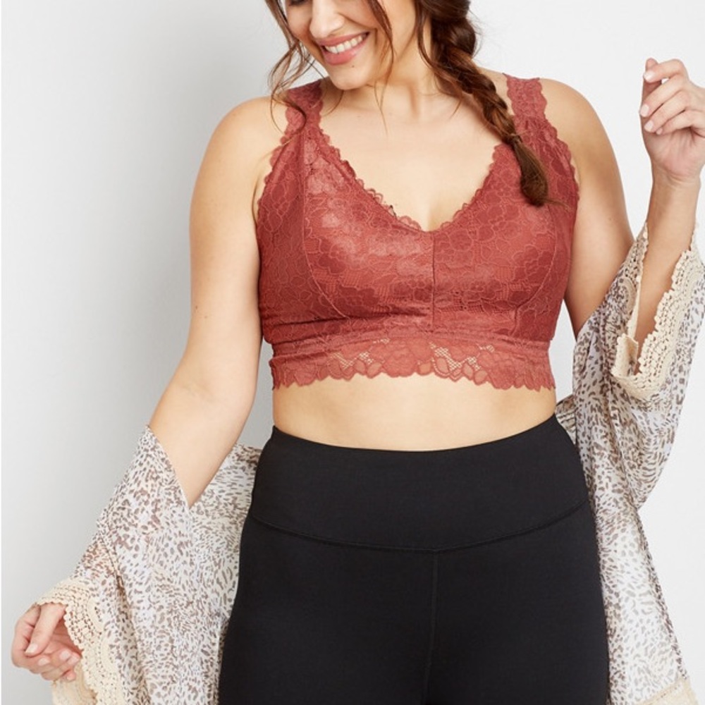 New Maurices Womens Vintage Lace Racerback Bralette Bra Padded Copper Brown